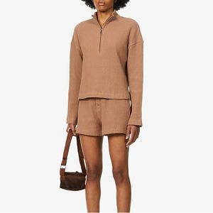 Reformation Yale Waffle Zip up Toffee Brown Sweatshirt